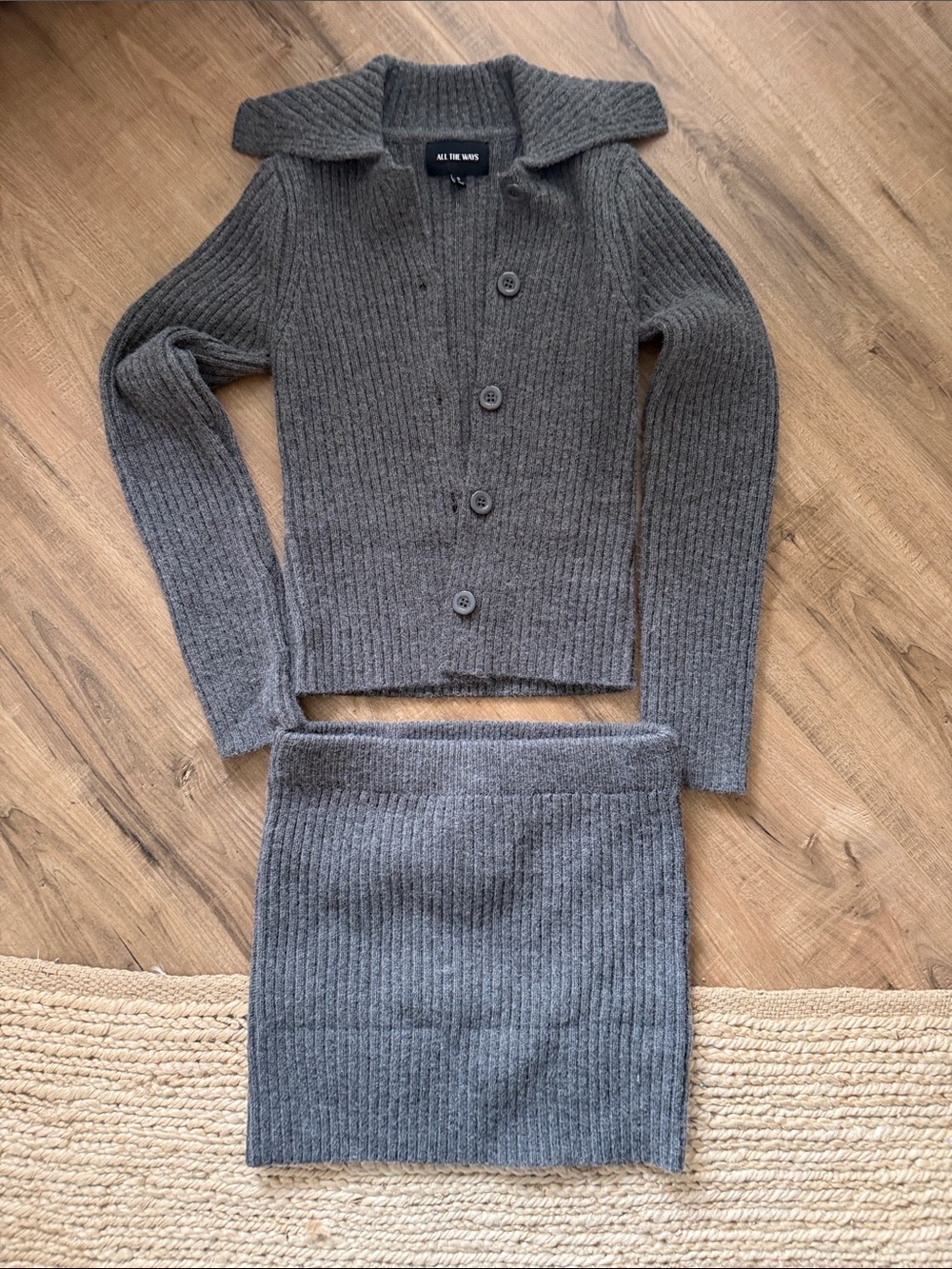All The Ways Charcoal Ribbed Button Cardigan Set